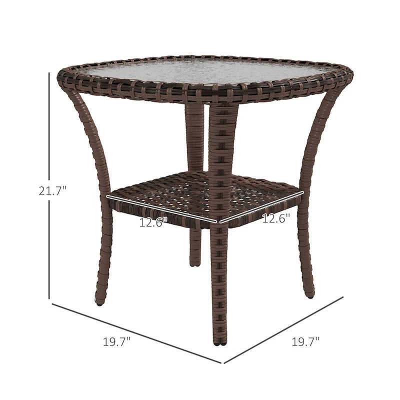 Table basse d'extérieur en rotin avec étagère de rangement, table d'appoint en osier avec plateau en verre