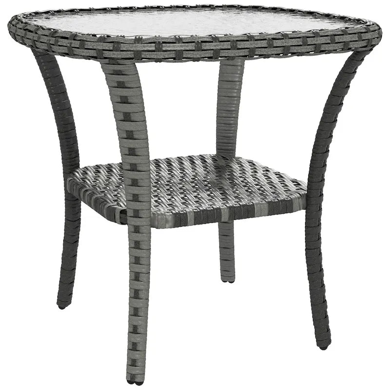 Table basse d'extérieur en rotin avec étagère de rangement, table d'appoint en osier avec plateau en verre