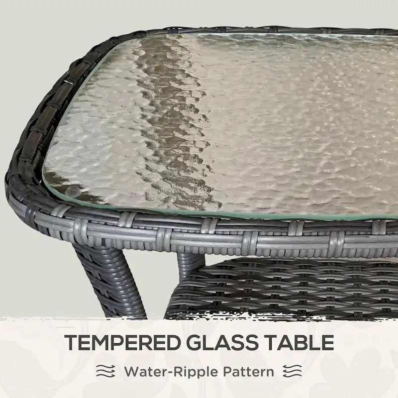 Table basse d'extérieur en rotin avec étagère de rangement, table d'appoint en osier avec plateau en verre