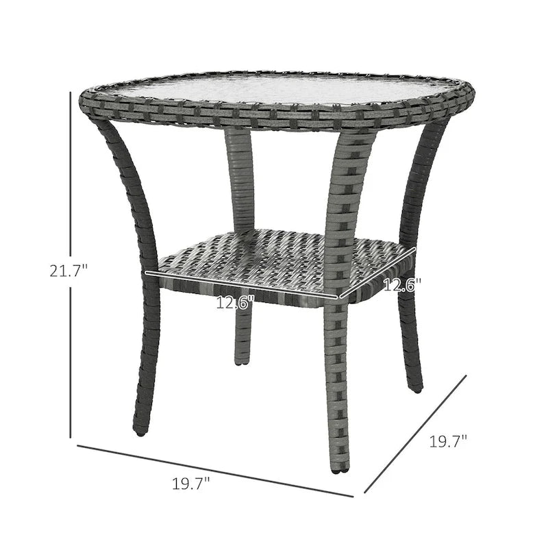 Table basse d'extérieur en rotin avec étagère de rangement, table d'appoint en osier avec plateau en verre