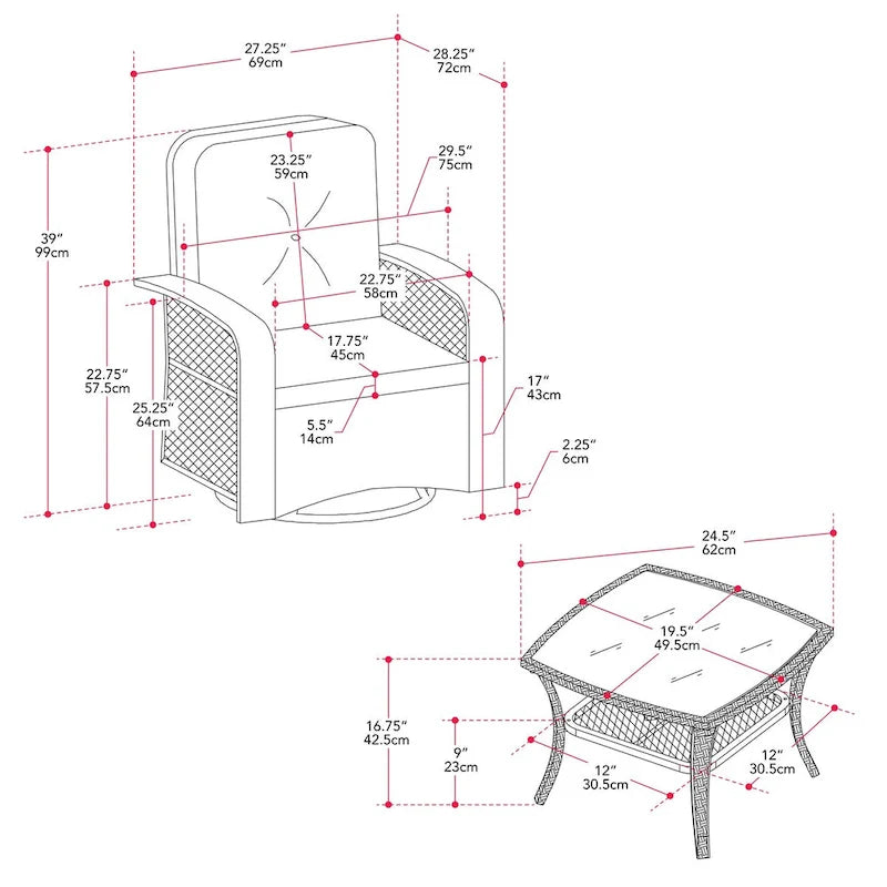 Ensemble de 3 chaises de patio pivotantes Maybelle