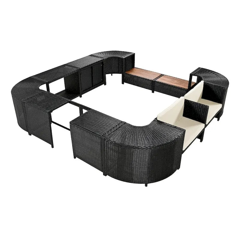 Ensemble de canapé d'angle d'extérieur en rotin de forme quadrilatérale avec mini-canapé