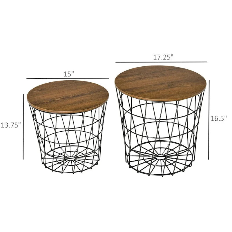 Tables d'appoint, lot de 2, tables gigognes avec rangement, tables d'appoint rondes
