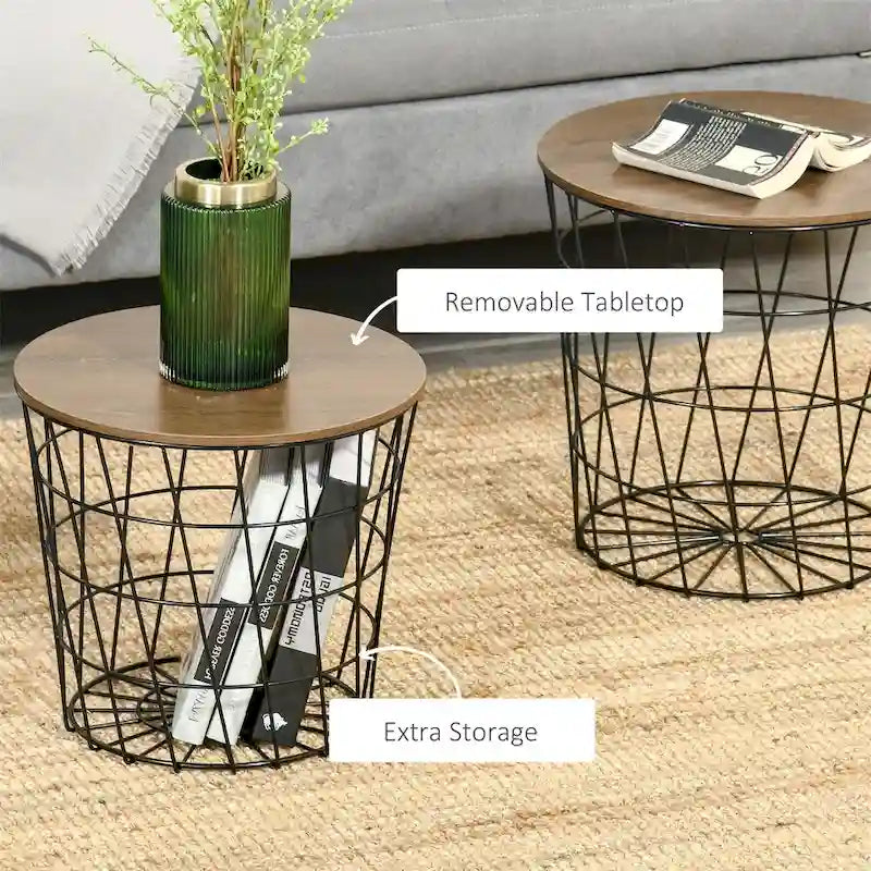 Tables d'appoint, lot de 2, tables gigognes avec rangement, tables d'appoint rondes