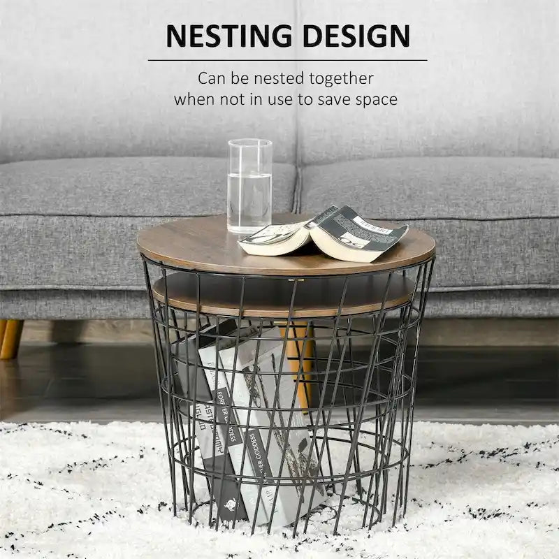Tables d'appoint, lot de 2, tables gigognes avec rangement, tables d'appoint rondes