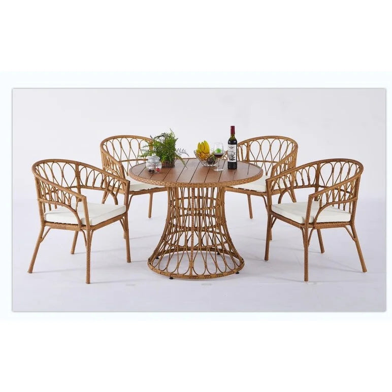 Table de jardin simple en bambou, table ronde en rotin PE 110 cm avec plateau en bois composite