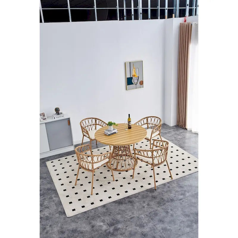 Table de jardin simple en bambou, table ronde en rotin PE 110 cm avec plateau en bois composite