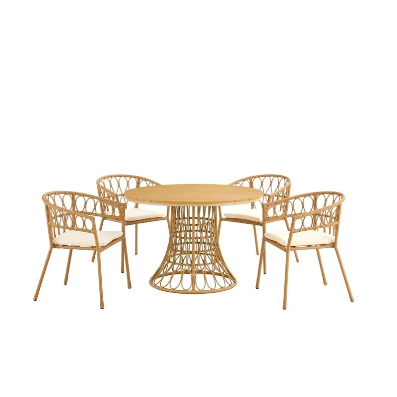Table de jardin simple en bambou, table ronde en rotin PE 110 cm avec plateau en bois composite