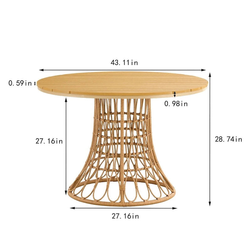 Table de jardin simple en bambou, table ronde en rotin PE 110 cm avec plateau en bois composite
