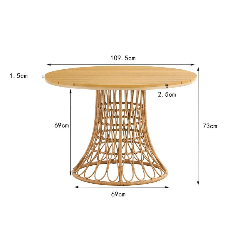 Table de jardin simple en bambou, table ronde en rotin PE 110 cm avec plateau en bois composite