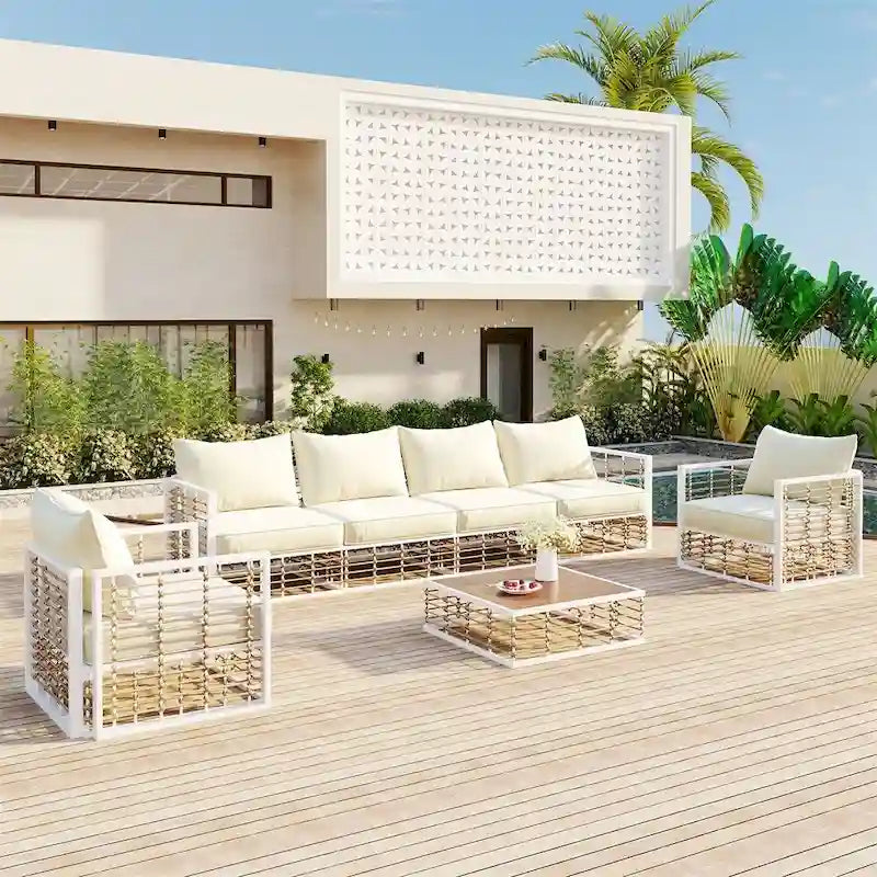 Ensemble de canapé d'angle de patio moderne en métal 7 pièces avec coussins épais