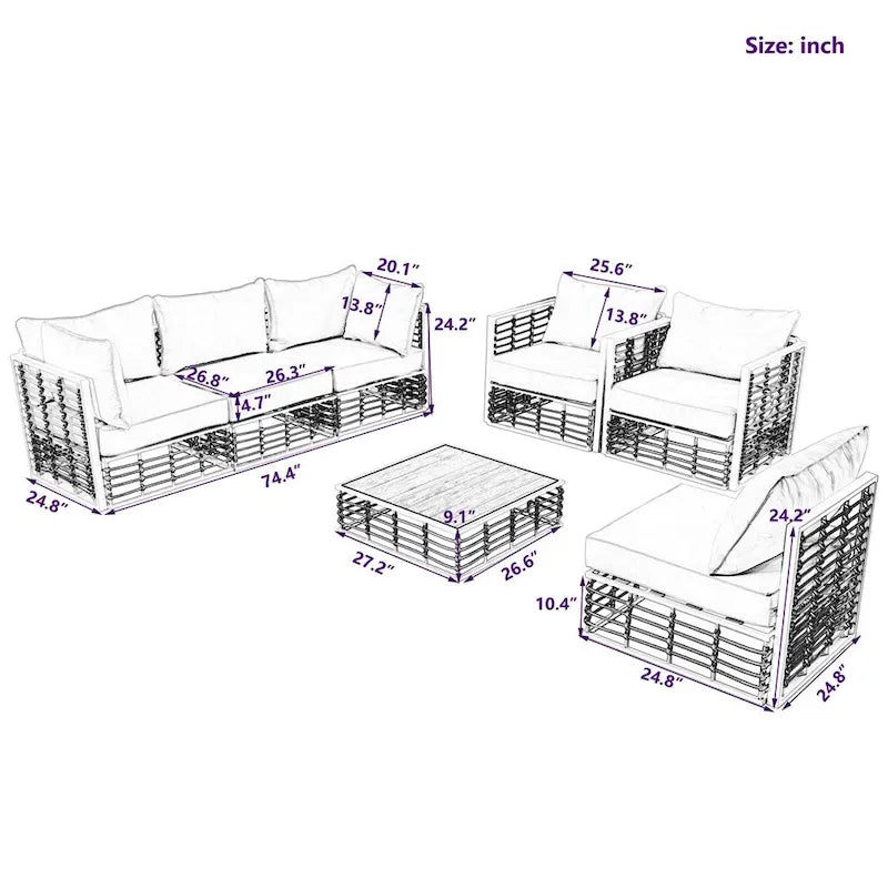 Ensemble de canapé d'angle de patio moderne en métal 7 pièces avec coussins épais