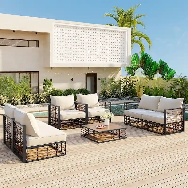 Ensemble de canapé d'angle de patio moderne en métal 7 pièces avec coussins épais