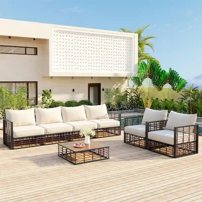 Ensemble de canapé d'angle de patio moderne en métal 7 pièces avec coussins épais