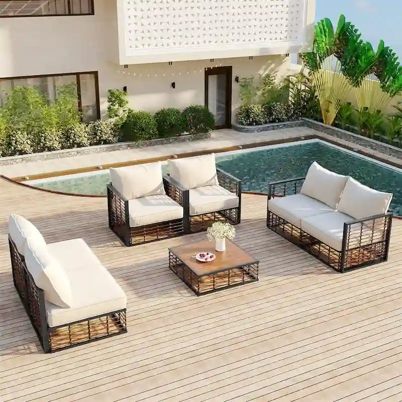 Ensemble de canapé d'angle de patio moderne en métal 7 pièces avec coussins épais