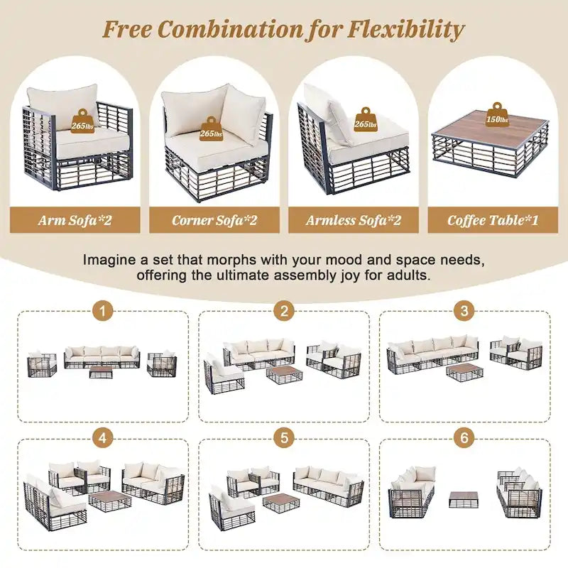 Ensemble de canapé d'angle de patio moderne en métal 7 pièces avec coussins épais