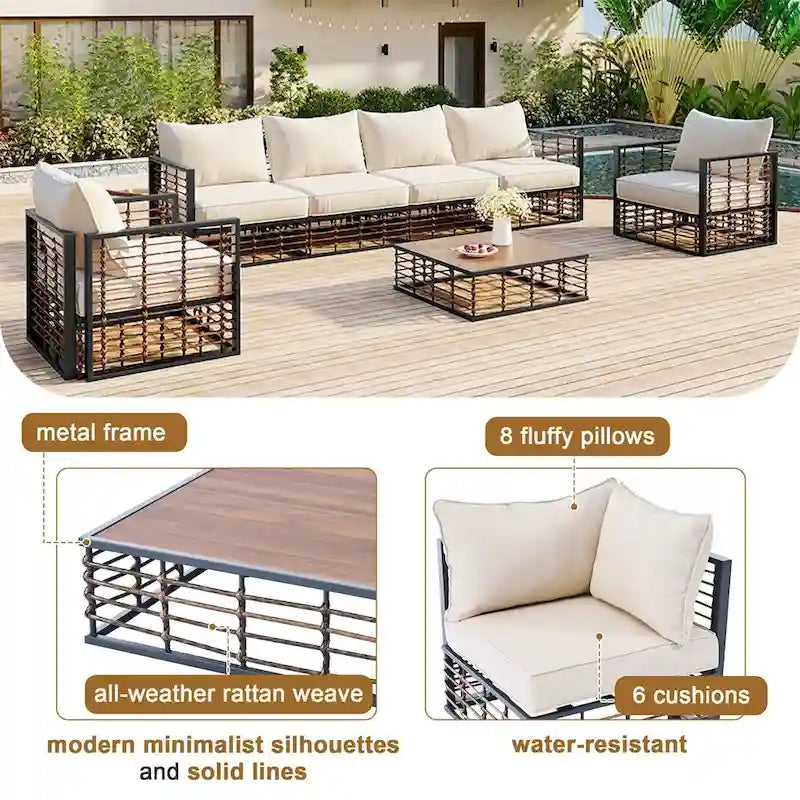 Ensemble de canapé d'angle de patio moderne en métal 7 pièces avec coussins épais