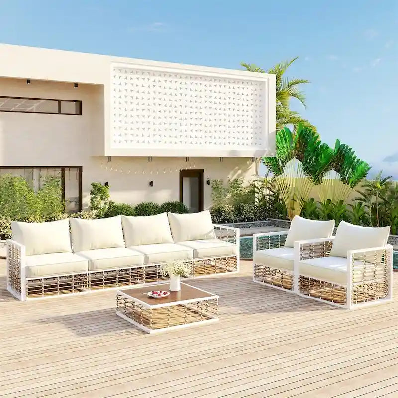 Ensemble de canapé d'angle de patio moderne en métal 7 pièces avec coussins épais