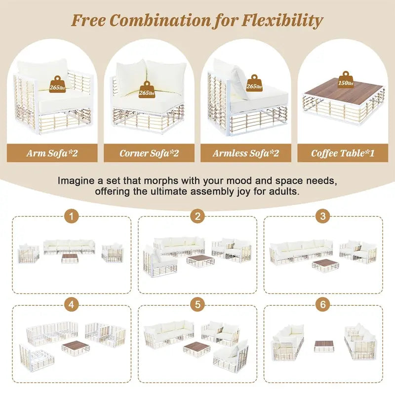 Ensemble de canapé d'angle de patio moderne en métal 7 pièces avec coussins épais