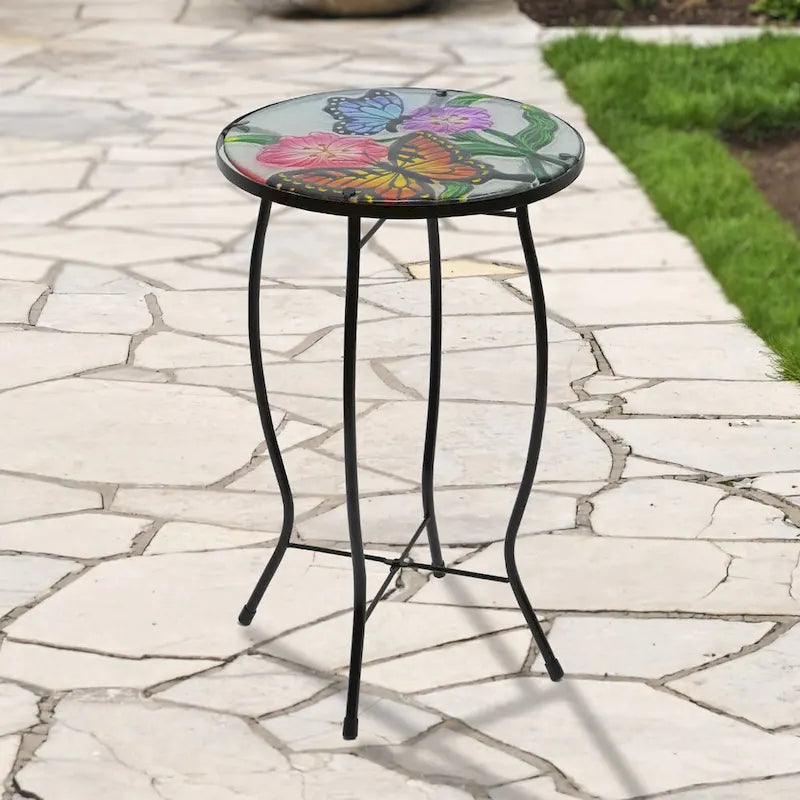 Table d'appoint de patio en verre floral et papillon de 19 pouces