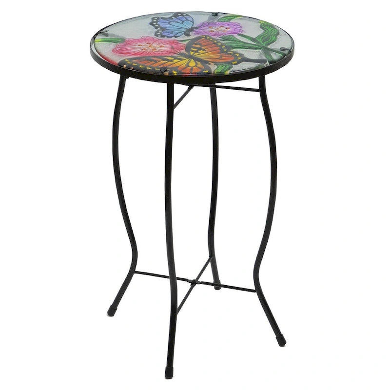 Table d'appoint de patio en verre floral et papillon de 19 pouces