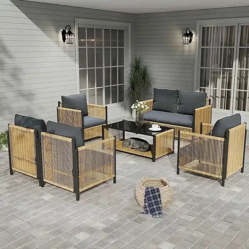 6 PCS Patio Furniture Set Outdoor Garden Patio Conversation Sets Poolside Lawn Chairs with Glass Coffee Table