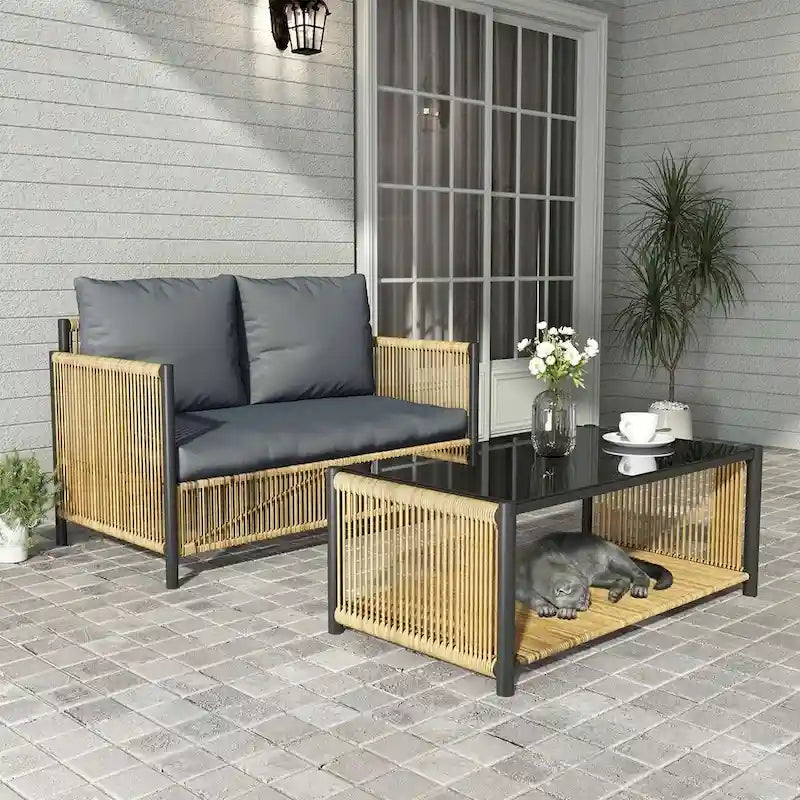 Ensemble de 6 meubles de patio avec table basse en verre pour jardin, patio et piscine