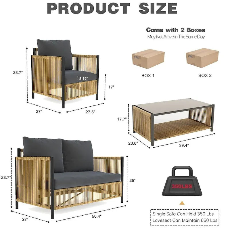 Ensemble de 6 meubles de patio avec table basse en verre pour jardin, patio et piscine