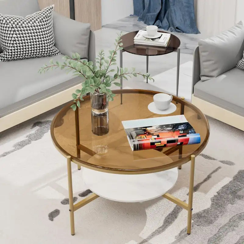 32 Wide Round Coffee Table with Glass Top and Metal Legs - 32x32x19