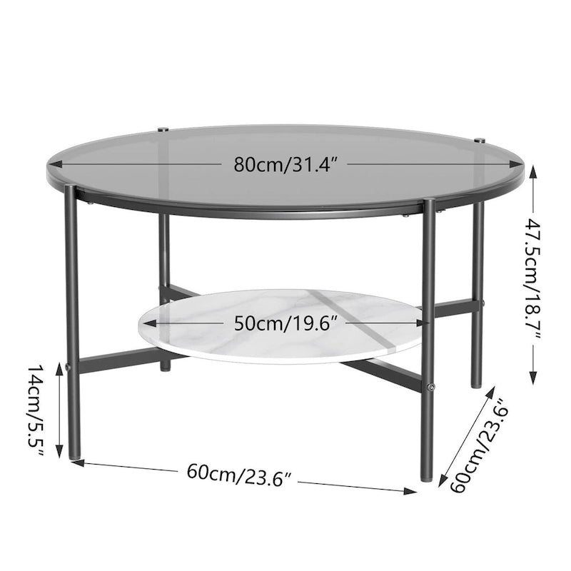 Table basse ronde large de 32 pouces avec plateau en verre et pieds en métal - 32x32x19