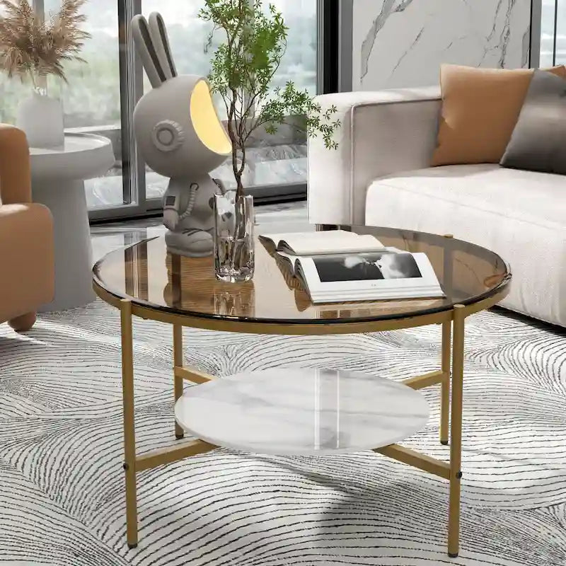 Table basse ronde large de 32 pouces avec plateau en verre et pieds en métal - 32x32x19