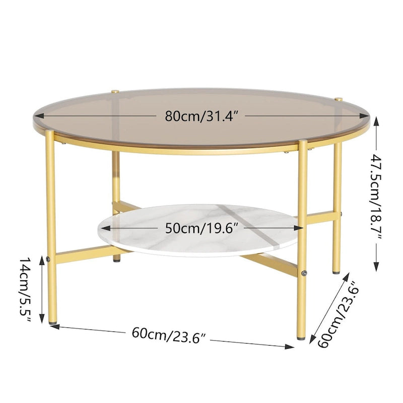 Table basse ronde large de 32 pouces avec plateau en verre et pieds en métal - 32x32x19