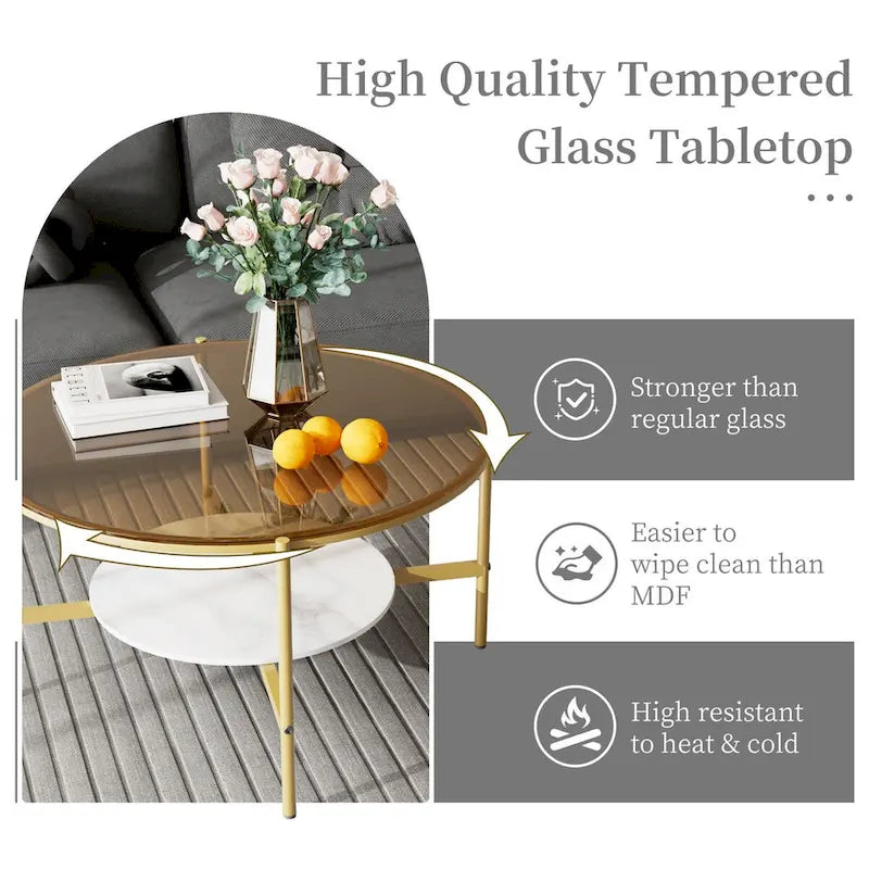 Table basse ronde large de 32 pouces avec plateau en verre et pieds en métal - 32x32x19