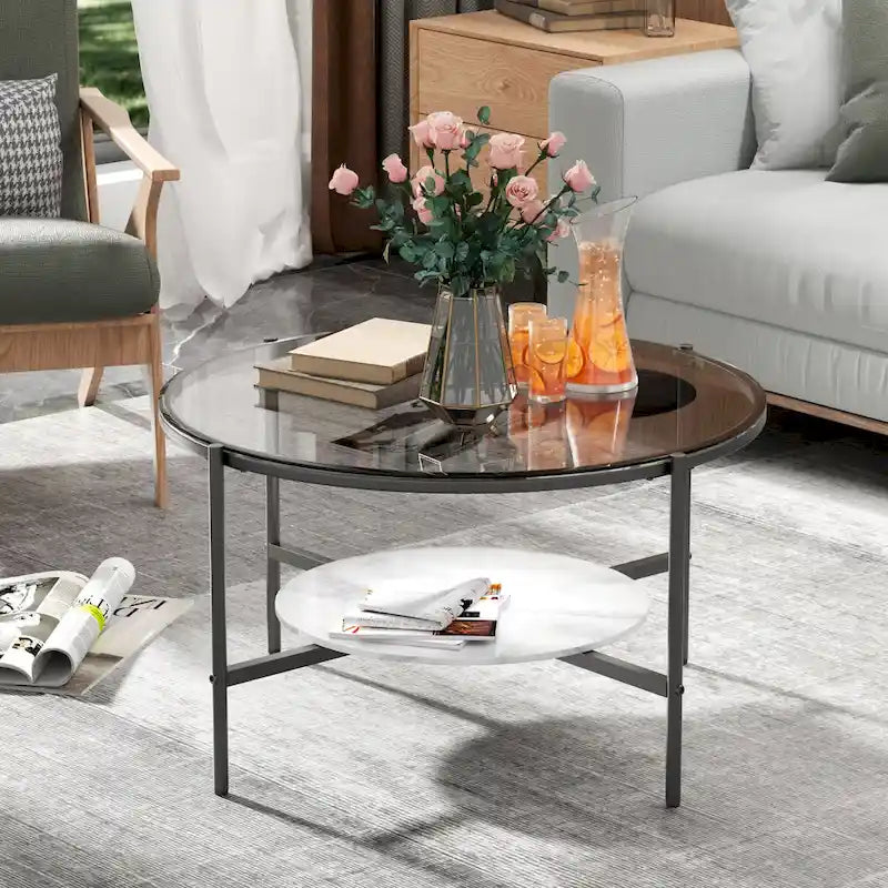 Table basse ronde large de 32 pouces avec plateau en verre et pieds en métal - 32x32x19