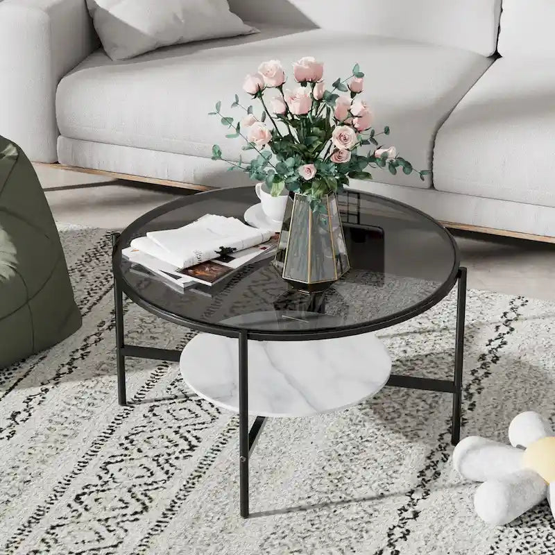 Table basse ronde large de 32 pouces avec plateau en verre et pieds en métal - 32x32x19