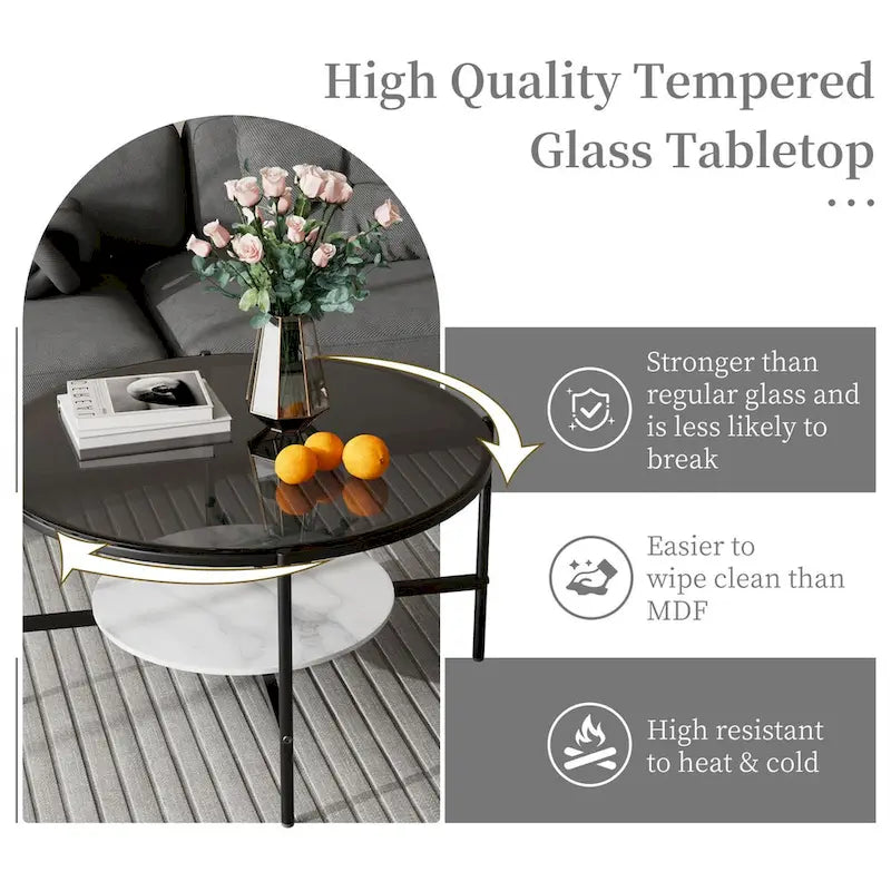 Table basse ronde large de 32 pouces avec plateau en verre et pieds en métal - 32x32x19