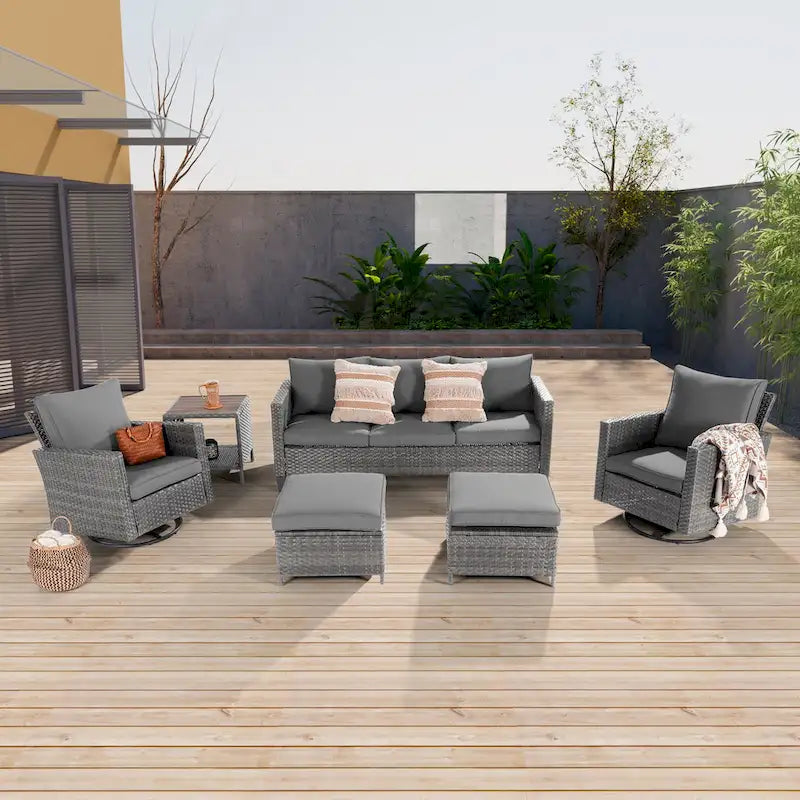 LIVOOSUN Patio 6Pcs Furniture Conversation Gray Rattan Swivel Rocking Sofa Set