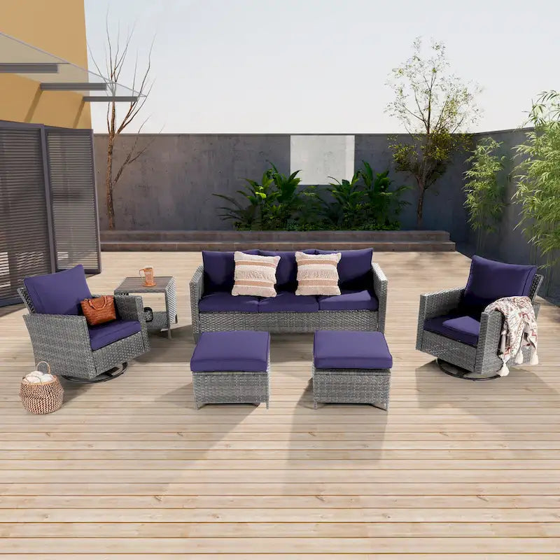 LIVOOSUN Salon de jardin 6 pièces en rotin gris avec canapé basculant et pivotant