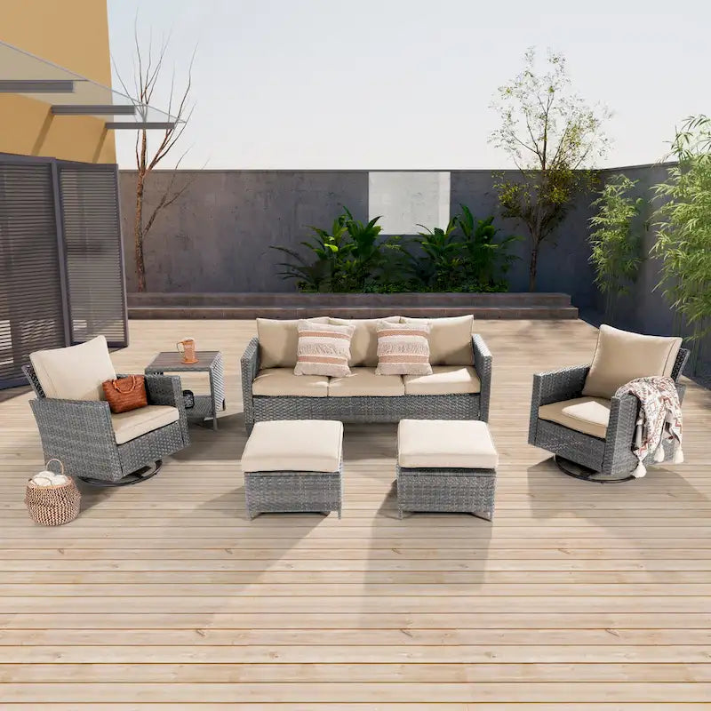 LIVOOSUN Salon de jardin 6 pièces en rotin gris avec canapé basculant et pivotant