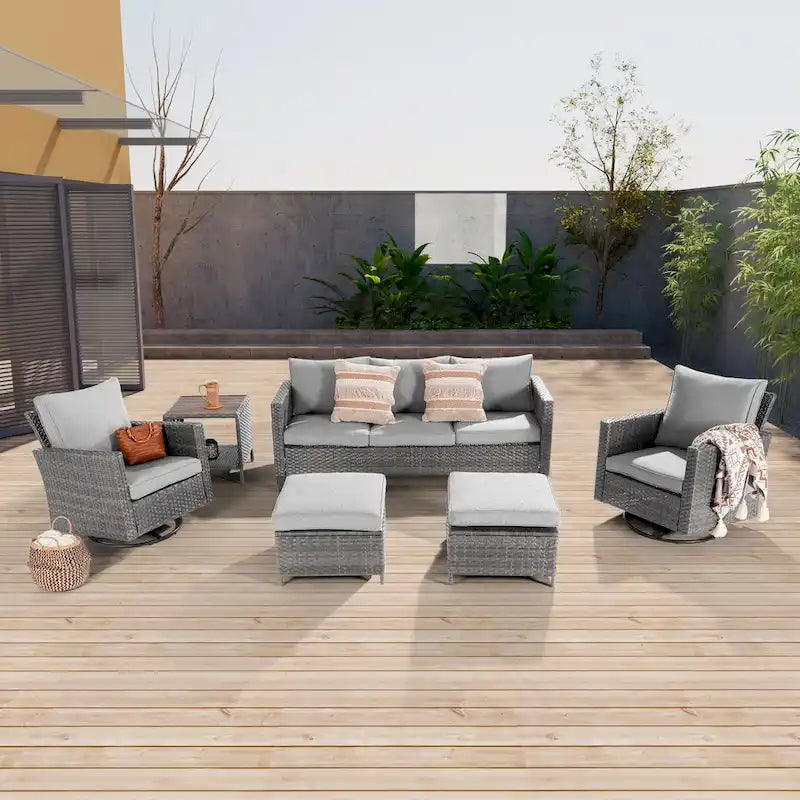 LIVOOSUN Salon de jardin 6 pièces en rotin gris avec canapé basculant et pivotant