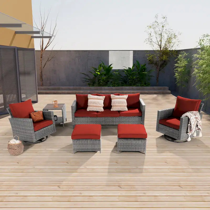 LIVOOSUN Salon de jardin 6 pièces en rotin gris avec canapé basculant et pivotant