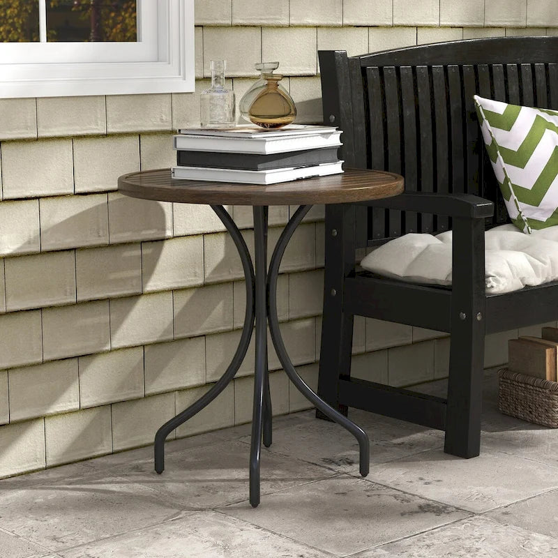 Outdoor Side Table,Patio Round Coffee Table with Steel Frame and Slat Tabletop