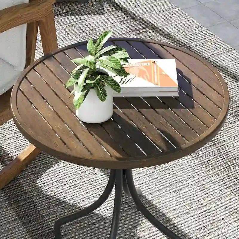 Table d'appoint d'extérieur, table basse de patio ronde avec structure en acier et plateau à lattes