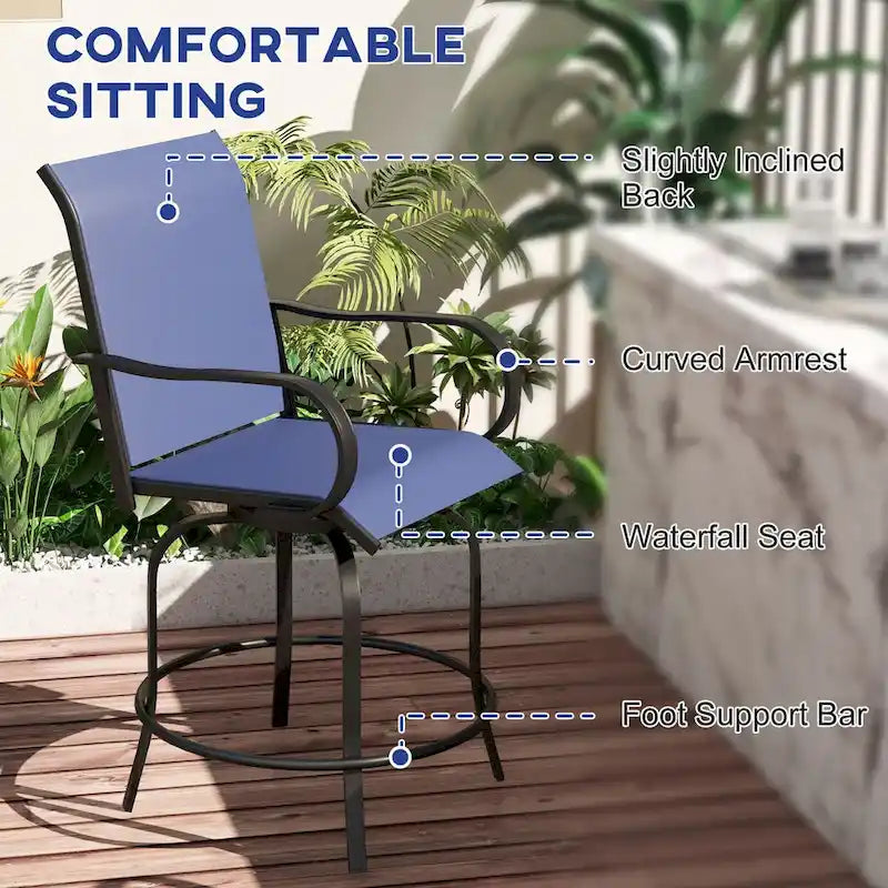 Tabourets de bar pivotants à 360° pour l'extérieur avec accoudoirs, tissu maillé (lot de 2)