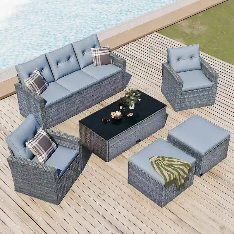 Ensemble de patio extérieur de 6 pièces, salon de jardin pour 7 personnes