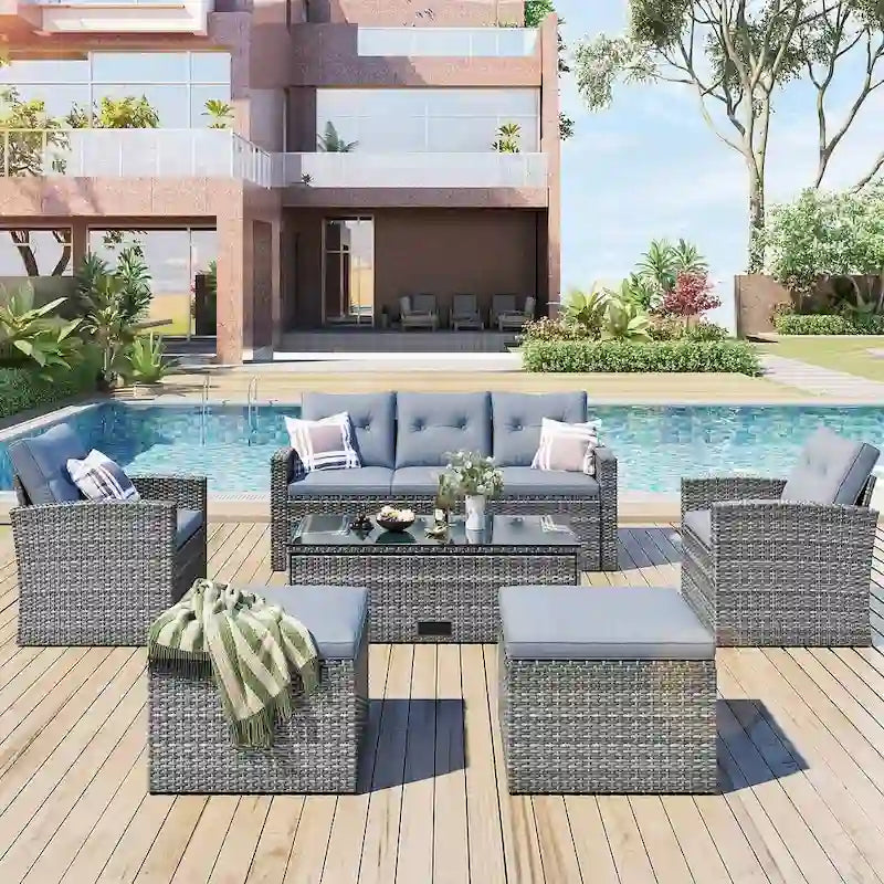 Ensemble de patio extérieur de 6 pièces, salon de jardin pour 7 personnes