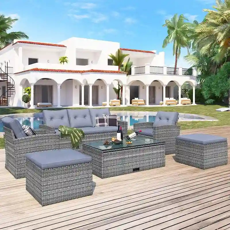 Ensemble de patio extérieur de 6 pièces, salon de jardin pour 7 personnes
