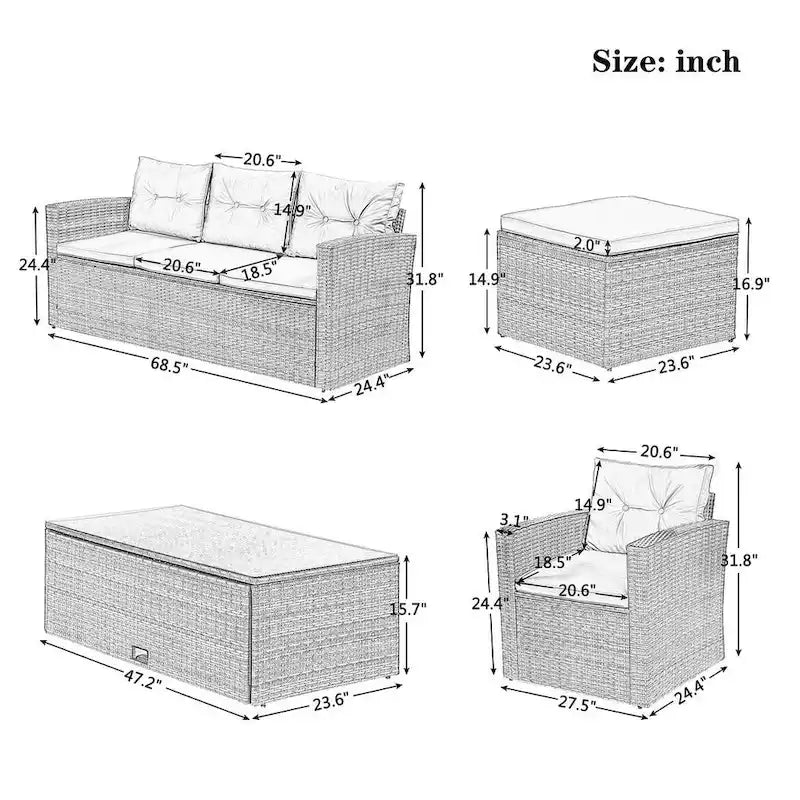 Ensemble de patio extérieur de 6 pièces, salon de jardin pour 7 personnes