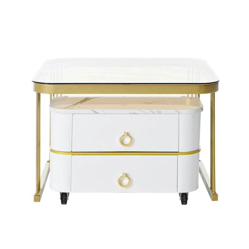 Mieres Stackable Coffee Table, Nesting Tables with Brown Tempered Glass, Wheels & Drawers and High Gloss Marble Grain Top