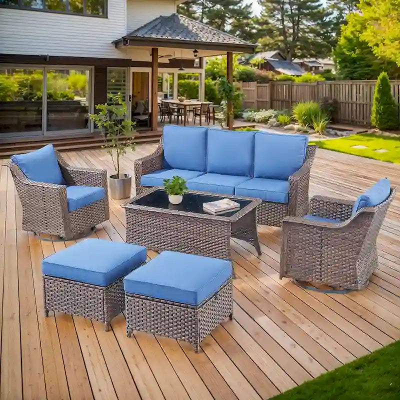 Ensemble de patio 5 pièces avec chaise à bascule, canapé, poufs et table - Marron